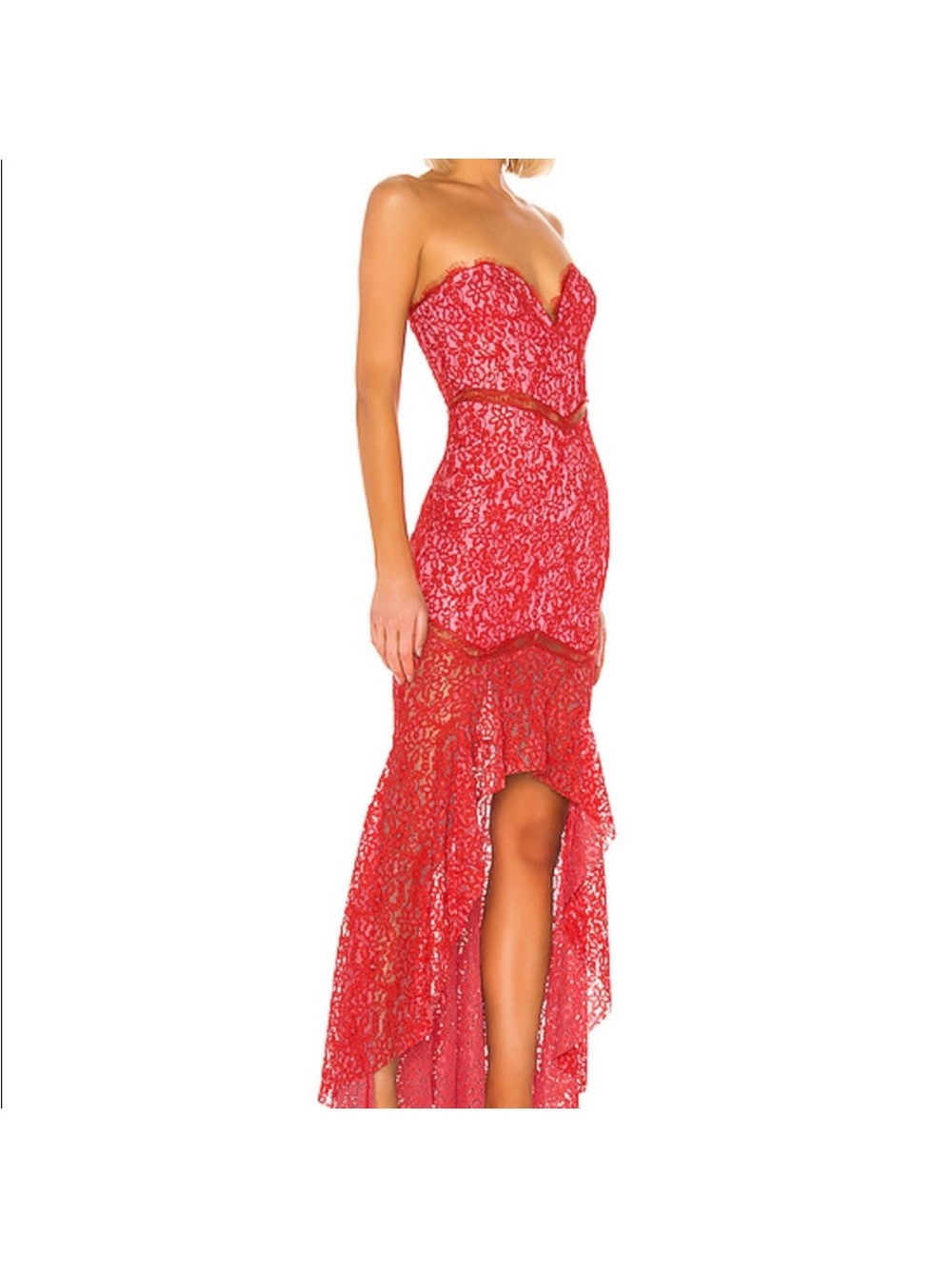 Lovers + Friends Strapless Red Lace High-Low Dress